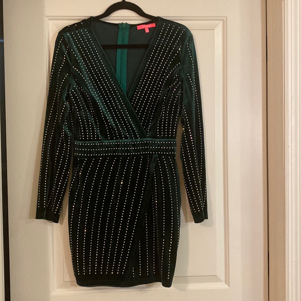 Emerald green long sleeve studded dress Size L.